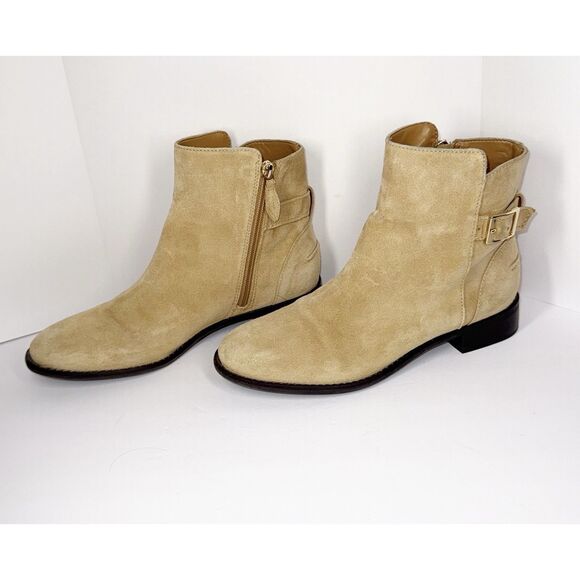 Talbots Tish  Ankle Boots Buckle Bootie Beige Suede Leather Zip Low Block Heel 8 - Picture 4 of 16